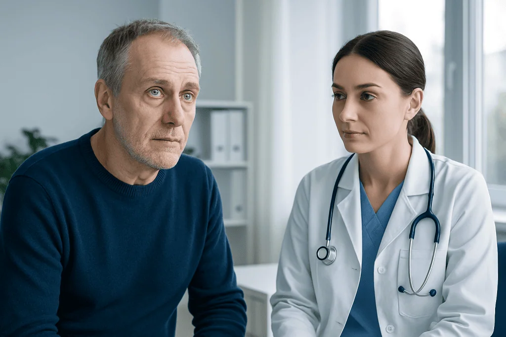 Doctor consulting with an older male patient in a medical office.