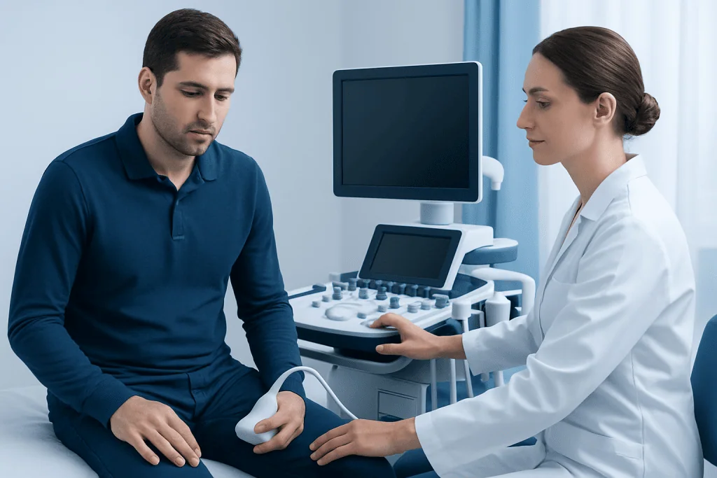 Doctor performing ultrasound on male patient in clinic.
