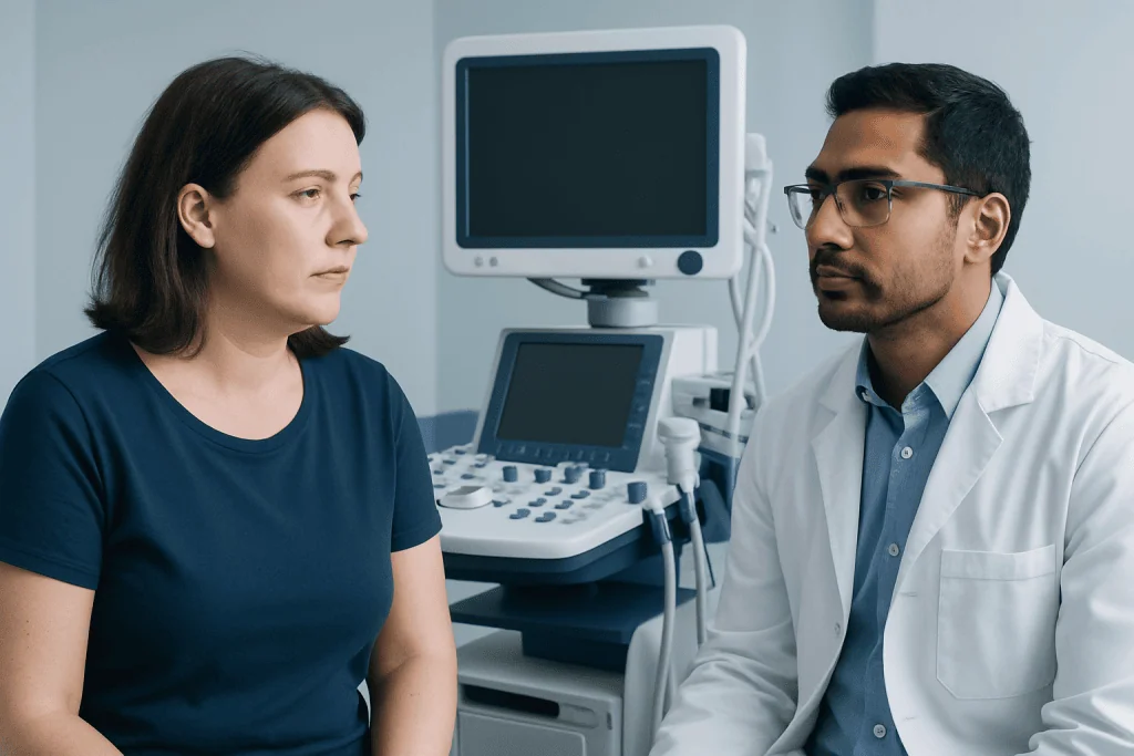 Doctor consulting a woman about health concerns in a medical office.