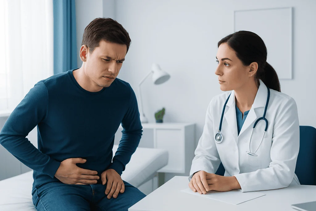 Patient experiencing abdominal pain during medical consultation at hospital.