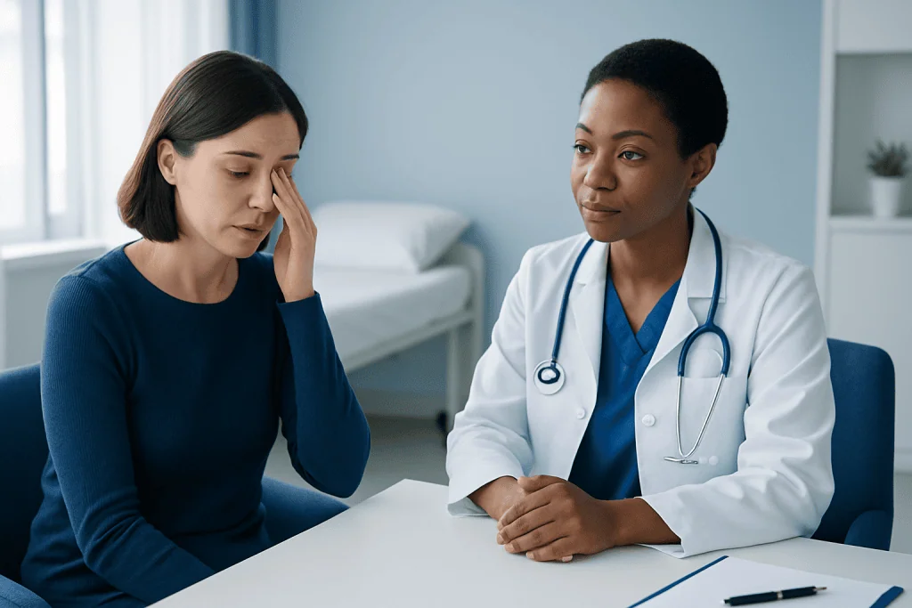 Woman experiencing eye discomfort during consultation at Acibadem Hospital.