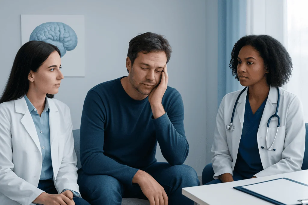 Patient consulting with doctors about sleep issues in a medical setting.