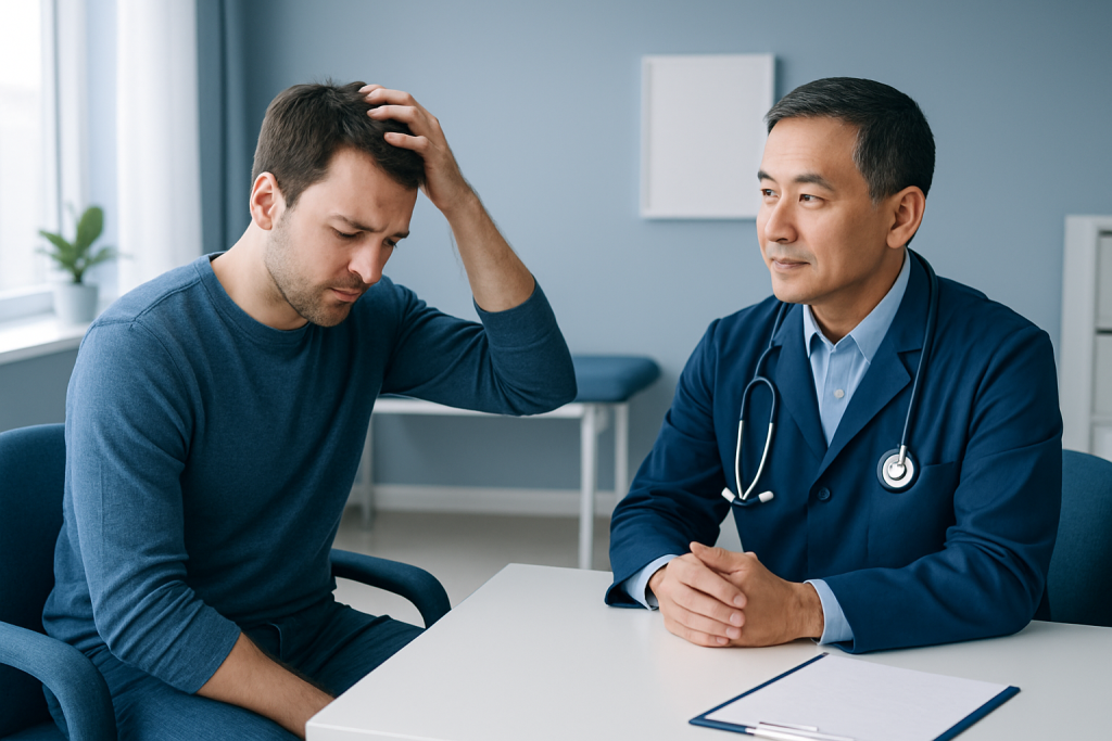 Doctor consulting with a patient about scalp odor issues in a clinic setting.