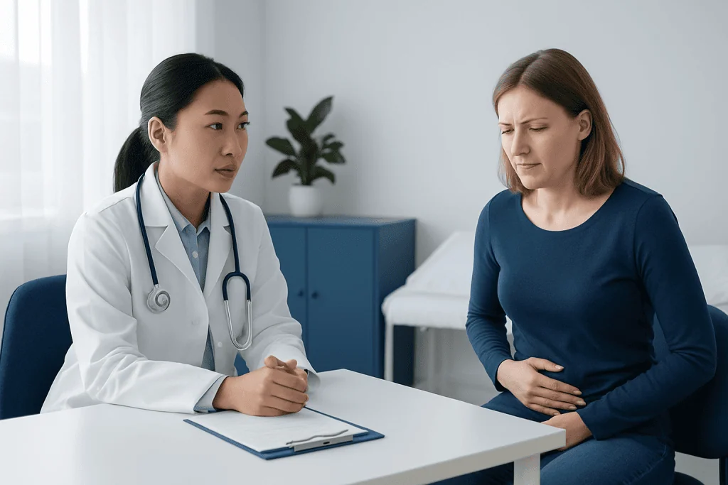 Doctor consulting a woman with stomach pain in a medical office.