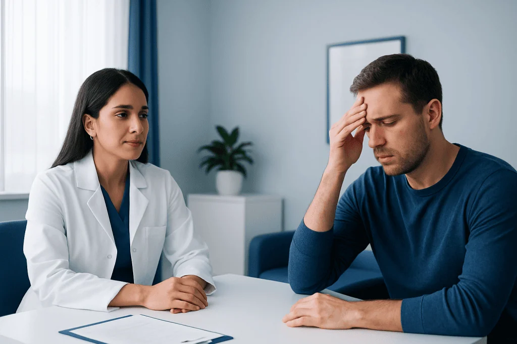 Doctor consulting with a patient experiencing headache symptoms in a clinic.