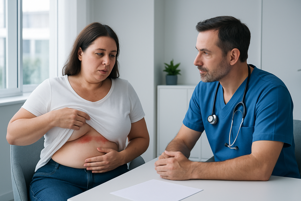 Doctor consulting with woman about abdominal pain and rash.