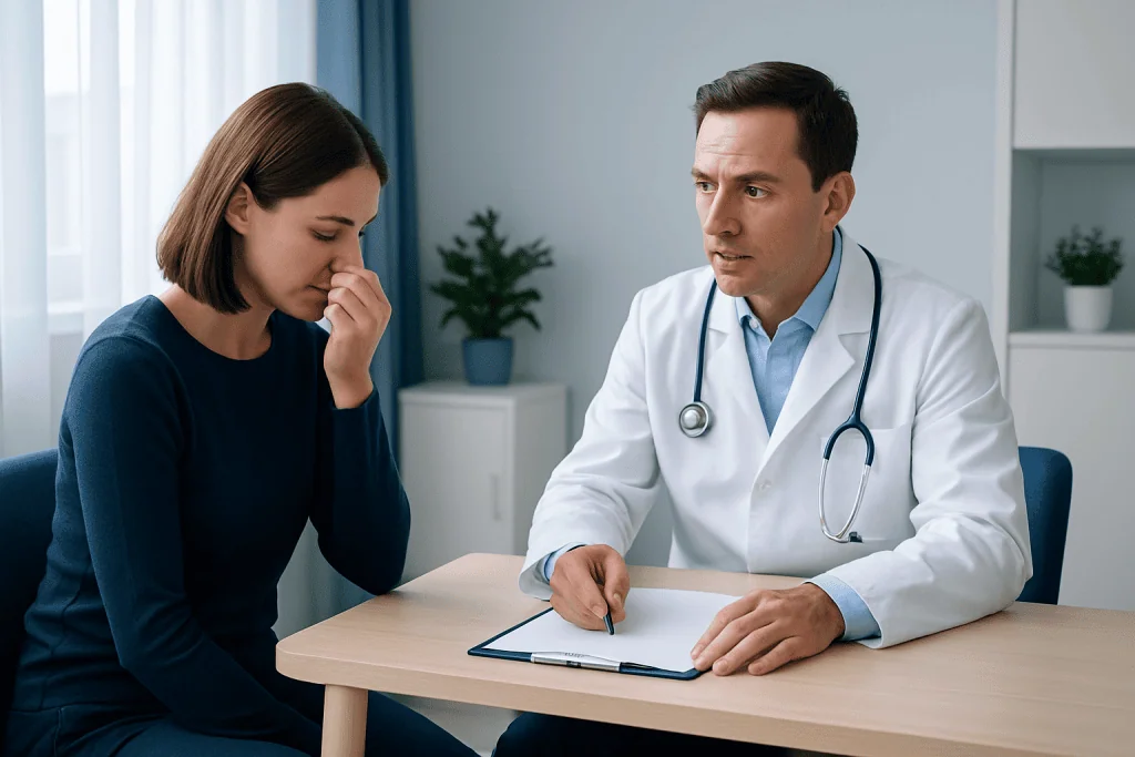 Doctor consulting with a woman in a medical office setting.