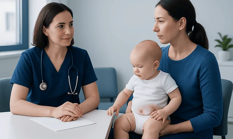 Pediatric consultation with mother and healthcare professional at clinic.