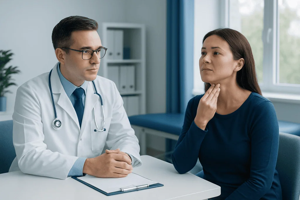 Doctor consulting with a woman patient about a lump under her chin.