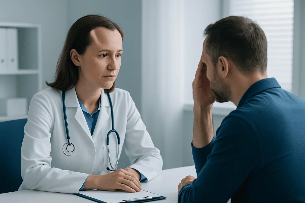 Doctor consulting with a patient about dental health concerns.