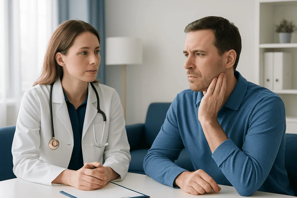 Doctor consulting with male patient about jaw lump concerns.