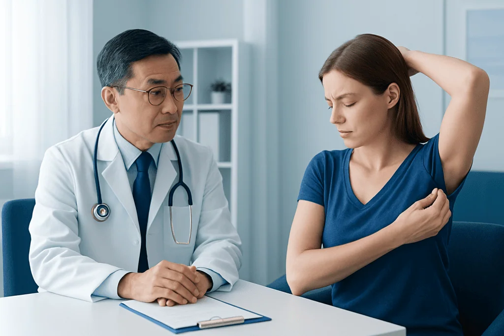 Doctor consulting with a woman about armpit pain or lumps.
