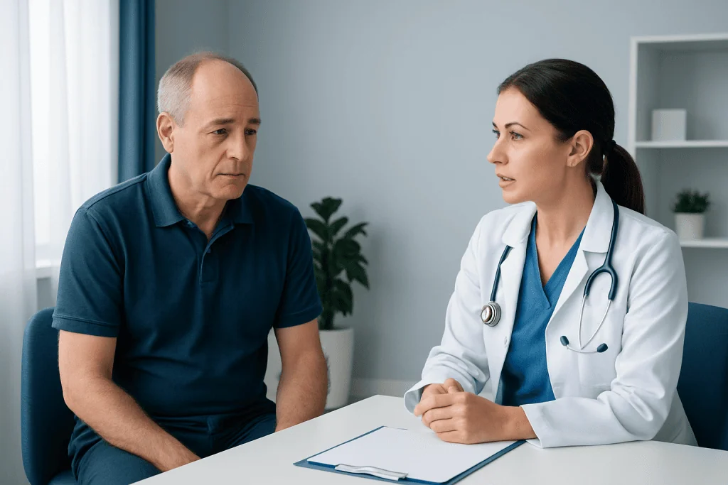 Doctor consulting with an older male patient in a medical office.