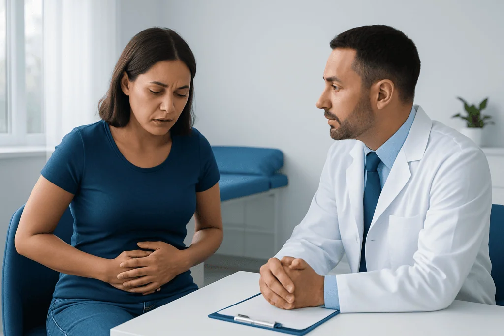 Doctor consulting with a woman about abdominal pain in a medical office.