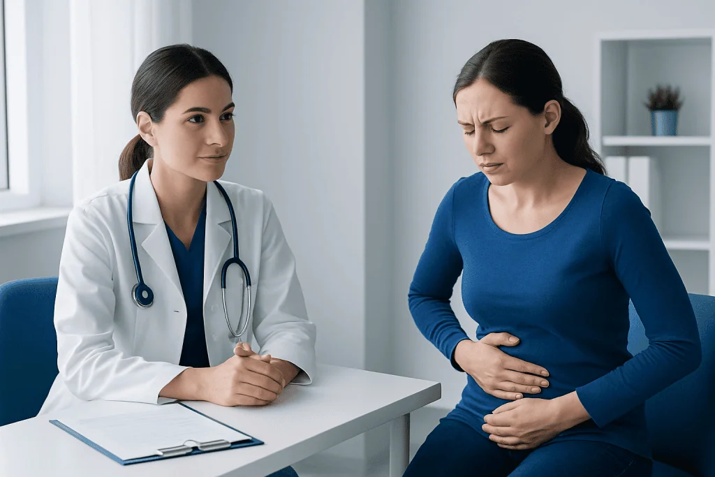 Doctor consulting with a woman experiencing abdominal pain in a clinic setting.
