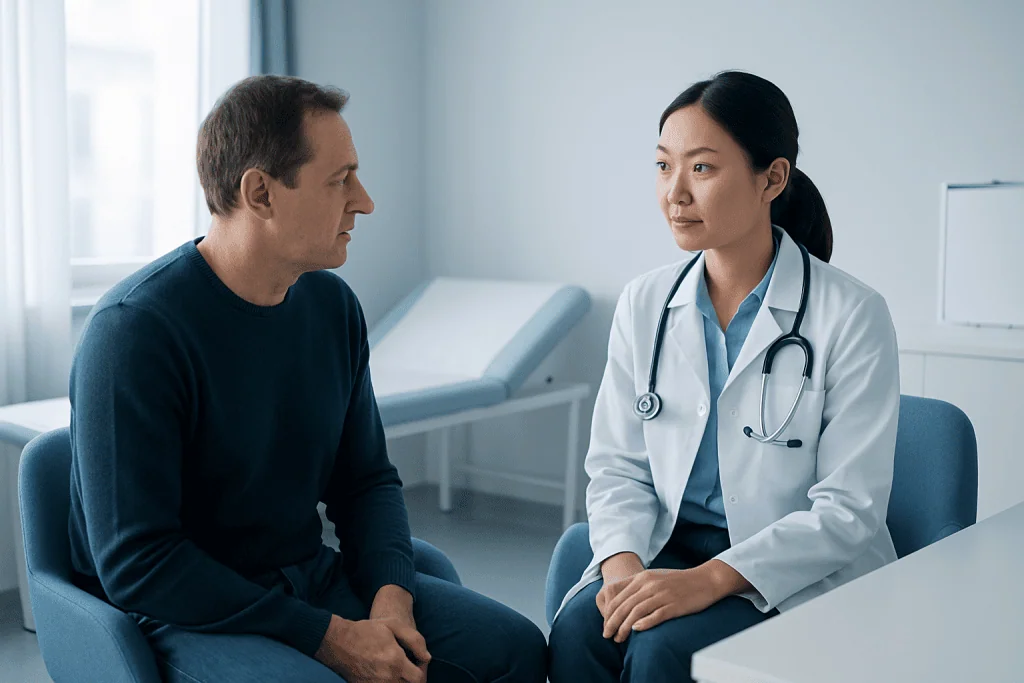 Doctor consulting with male patient in a hospital room.