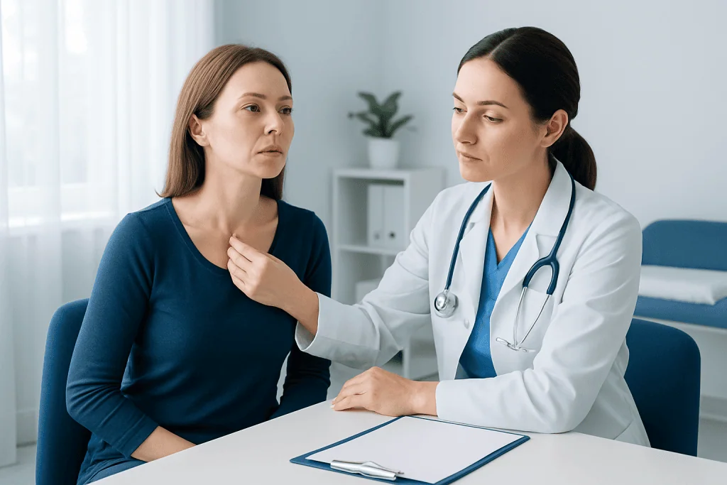 Doctor examining a woman's neck for a lump at clavicle area.
