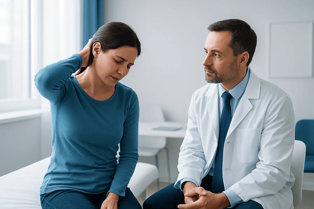 Doctor consulting with woman experiencing neck pain in clinic.