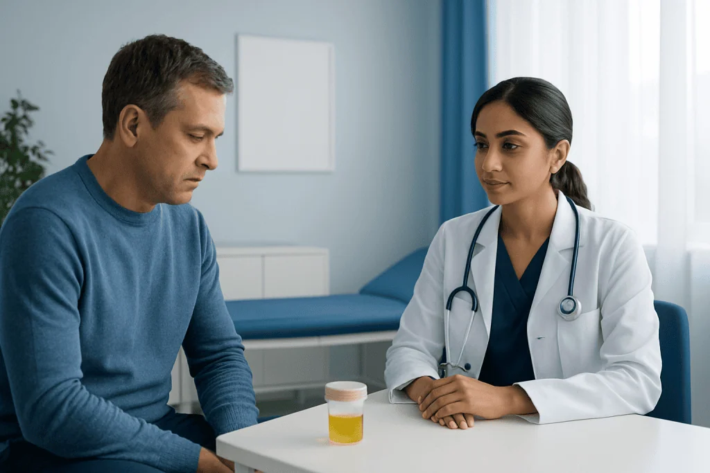Doctor consulting with patient about turbid urine symptoms at hospital.
