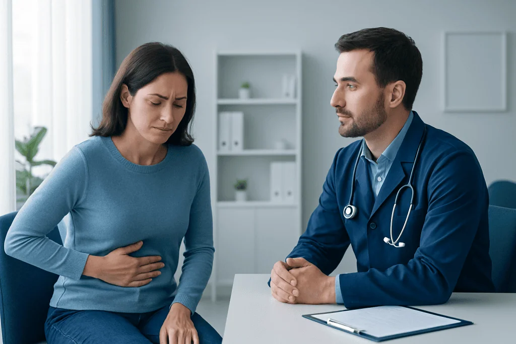 Doctor examining woman with stomach pain in clinic setting.
