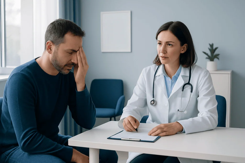 Patient consulting with doctor about eye pain in a medical office.