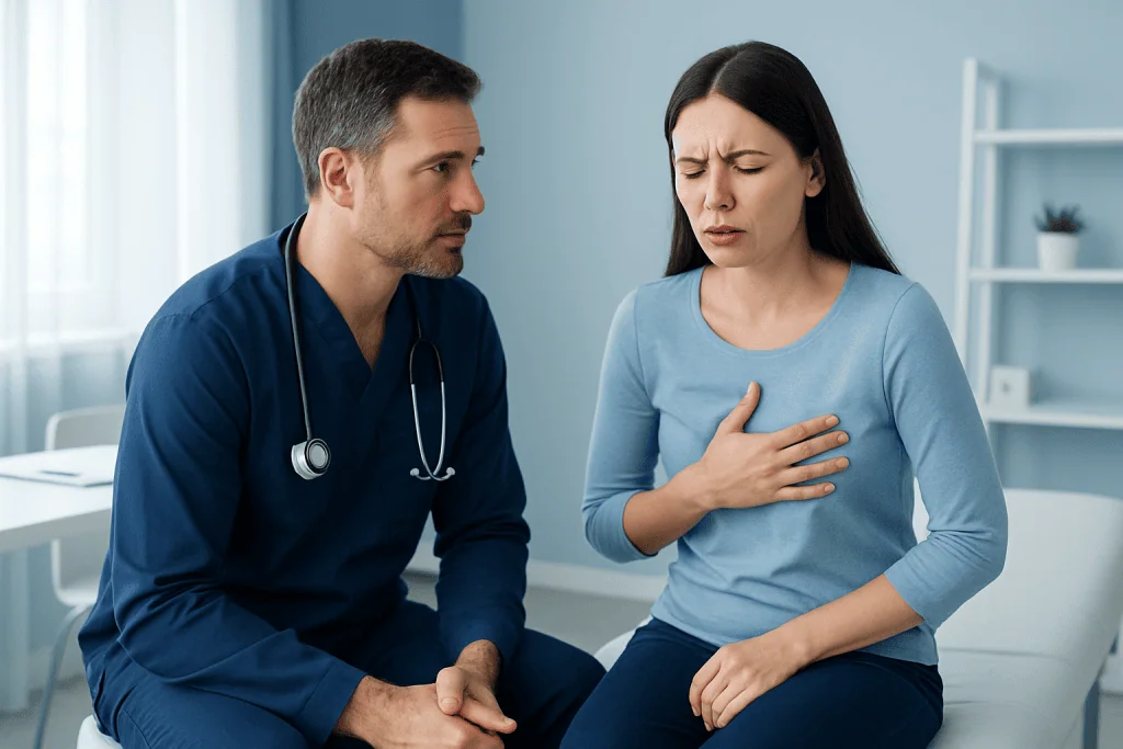 Doctor consulting woman with chest pain in a medical office.