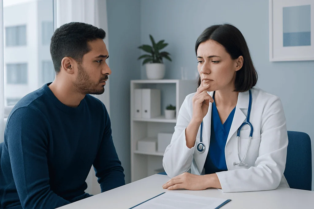 Doctor consulting with patient about swollen lip issue in clinic.