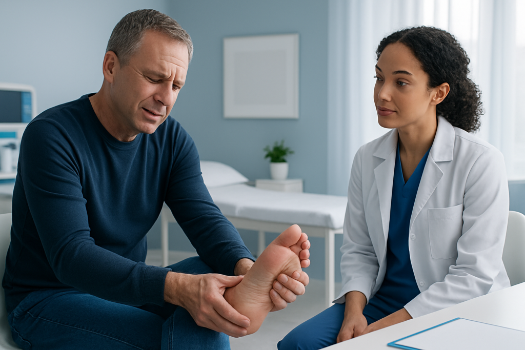 Doctor examining patient's foot for pain or injury.
