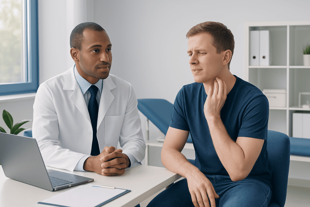 Doctor consulting patient about skin irritation or allergy symptoms.