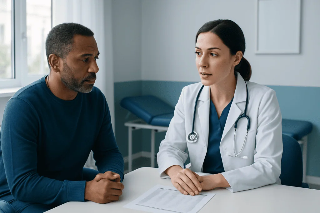 Doctor consulting with a patient in a medical office setting.