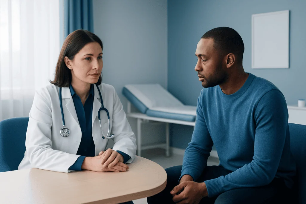 Doctor consulting with a male patient in a medical office setting.
