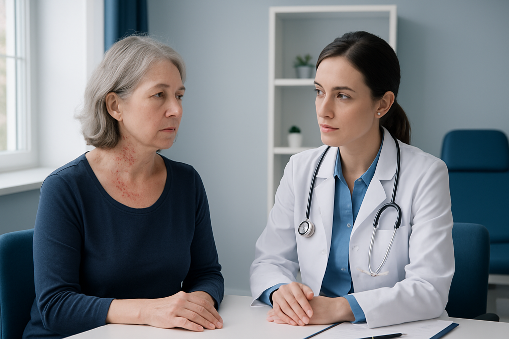 Doctor consulting with an elderly woman in a medical office setting.