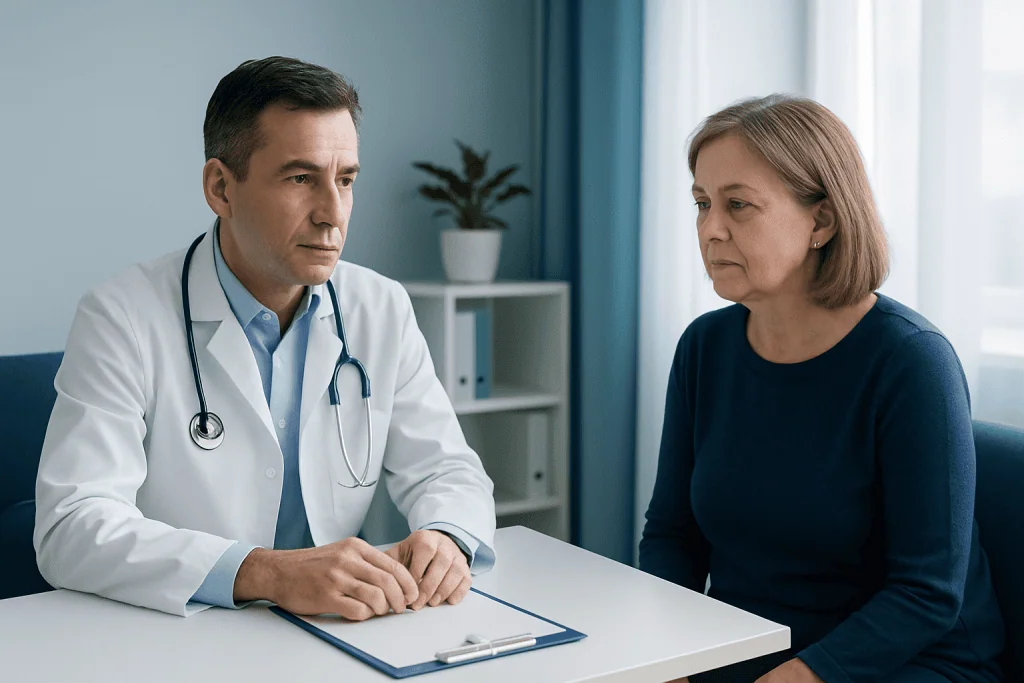 Doctor consulting with a female patient in a medical office.