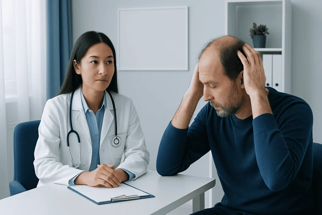 Doctor consulting with a patient about hair loss and scalp issues.