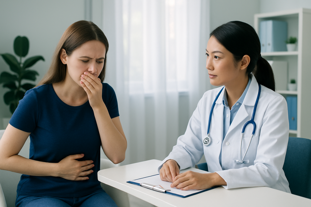 Doctor consulting with a patient experiencing nausea in a medical office.