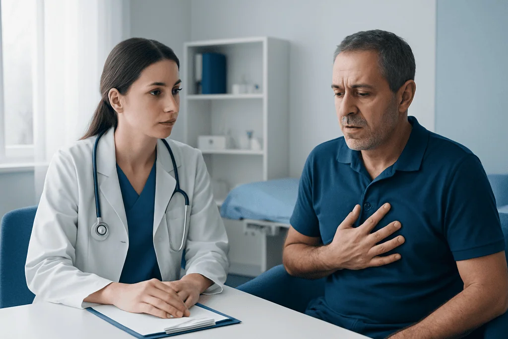 Doctor consulting patient about post-surgery warning signs in a clinic.