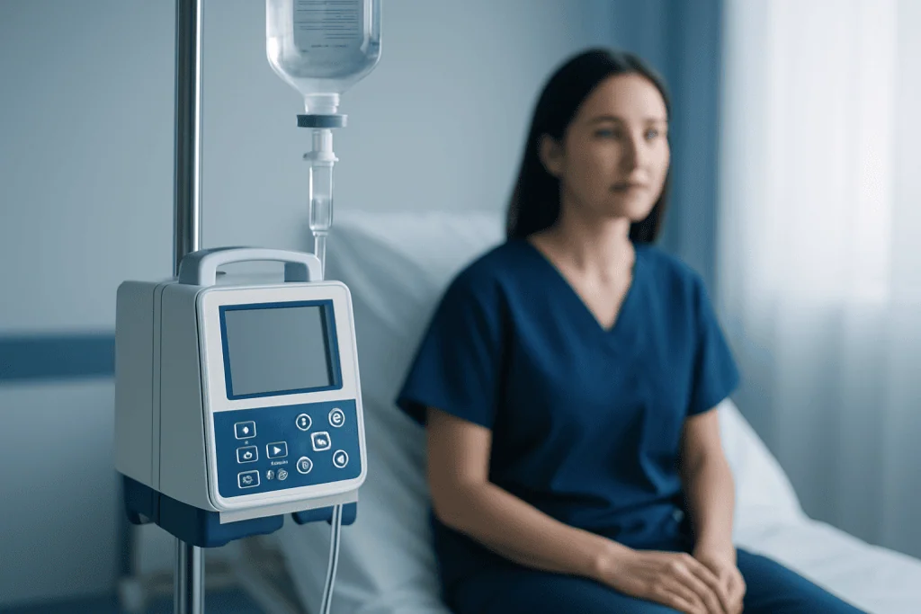 Patient receiving IV therapy in a hospital setting.