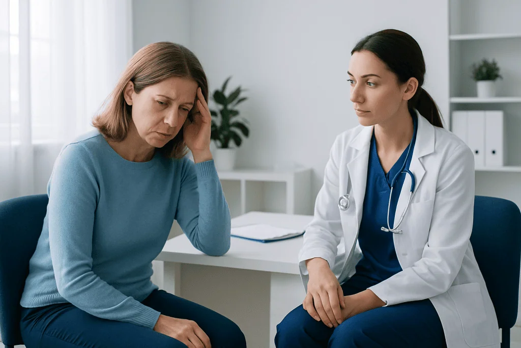 Doctor consulting with a patient experiencing dizziness or imbalance.