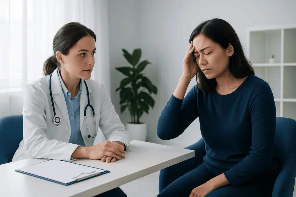 Doctor consulting with a woman experiencing headache or discomfort.