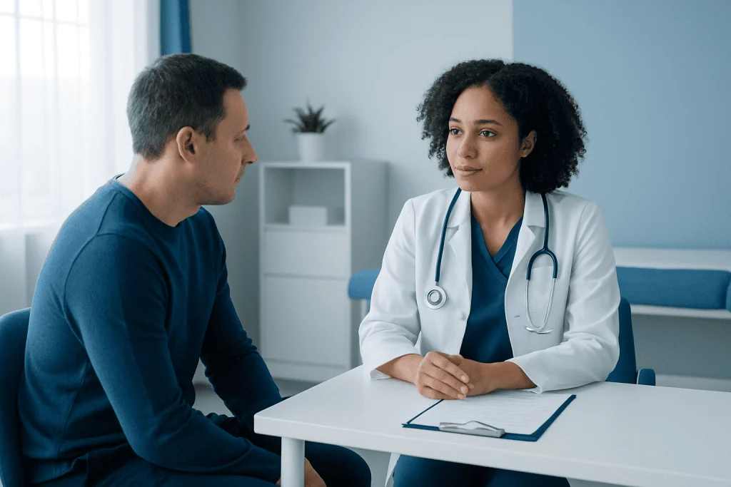 Doctor consulting with a patient in a modern medical office.