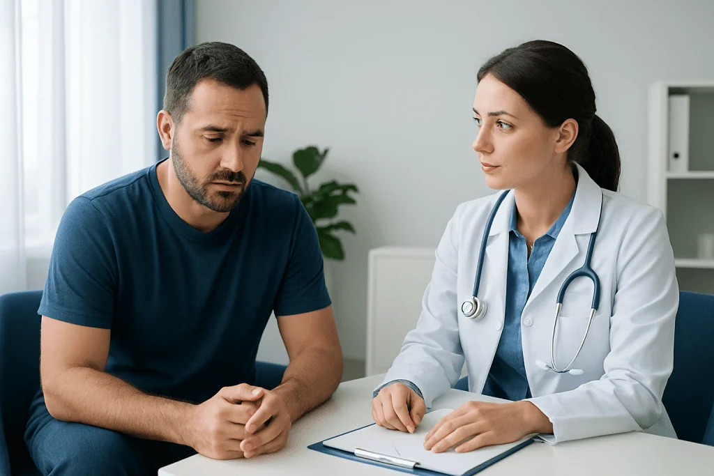Doctor consulting with a male patient about health concerns.