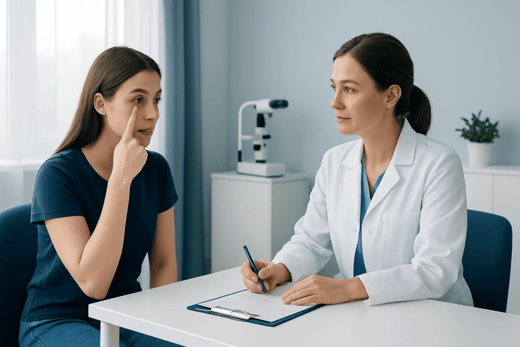 Patient discussing eye piercing concerns with doctor in consultation room.