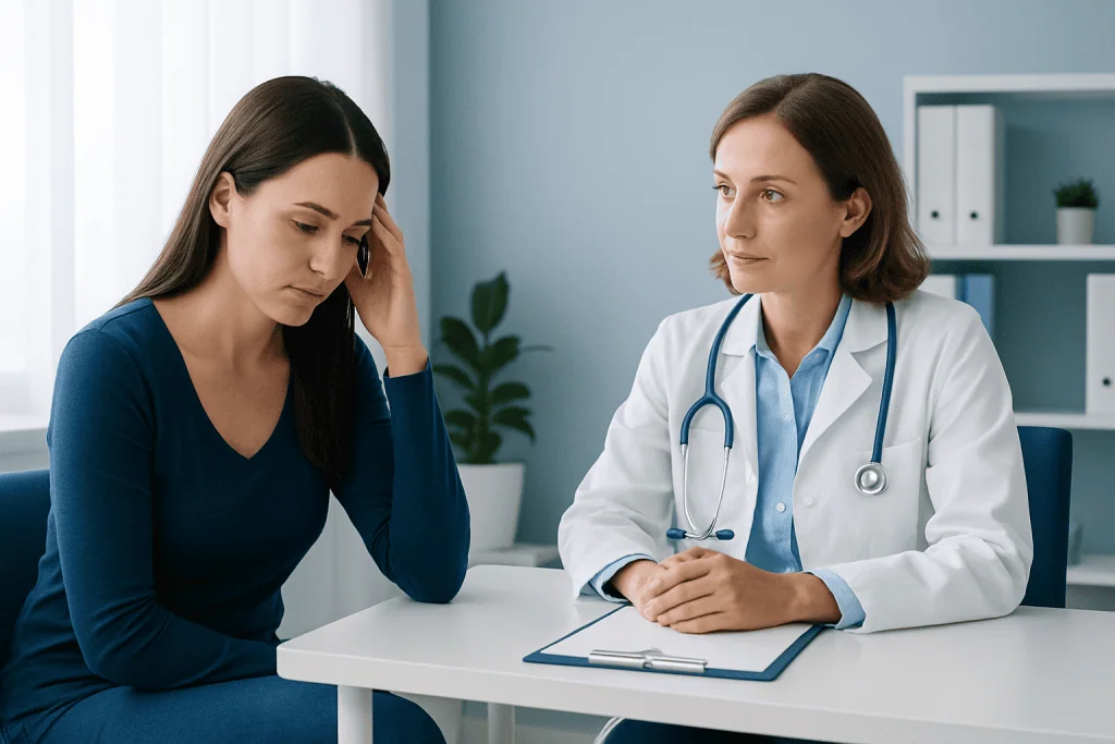 Woman consulting with doctor about health concerns in a medical office.