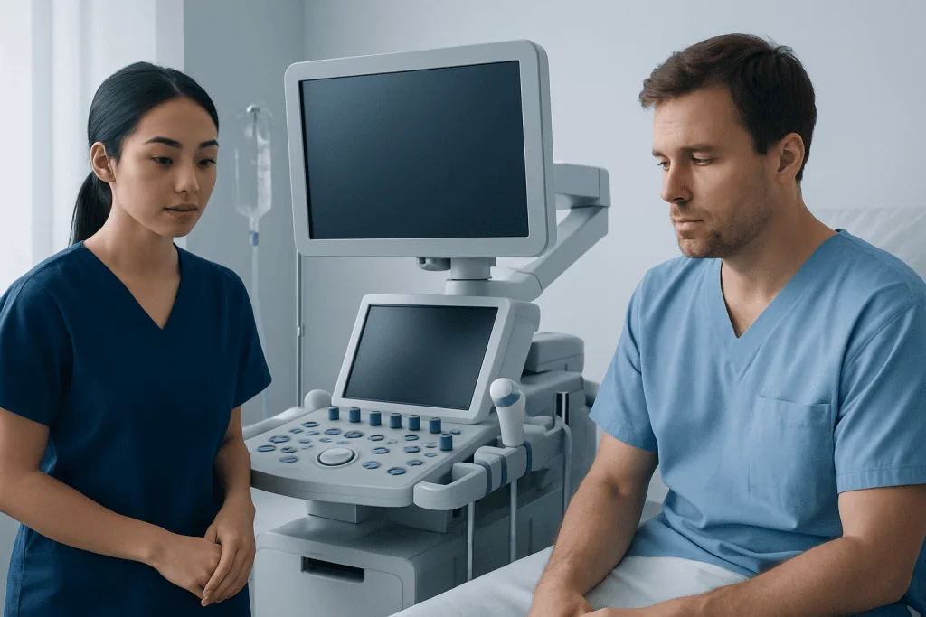 Medical consultation with ultrasound equipment in a hospital setting.