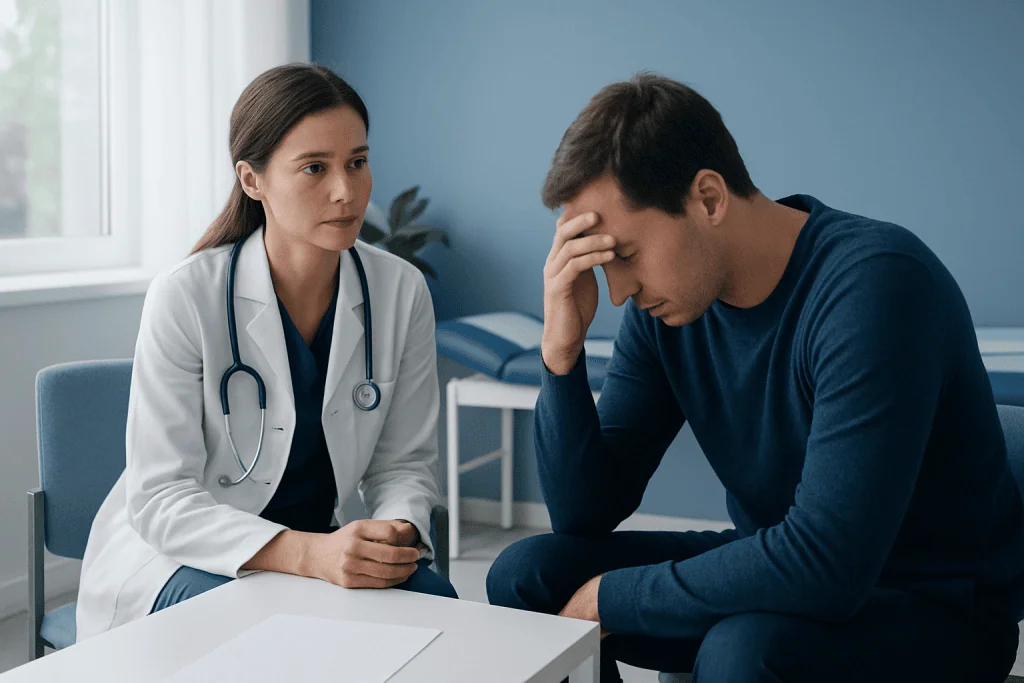 Doctor consulting with a worried male patient in a medical office.