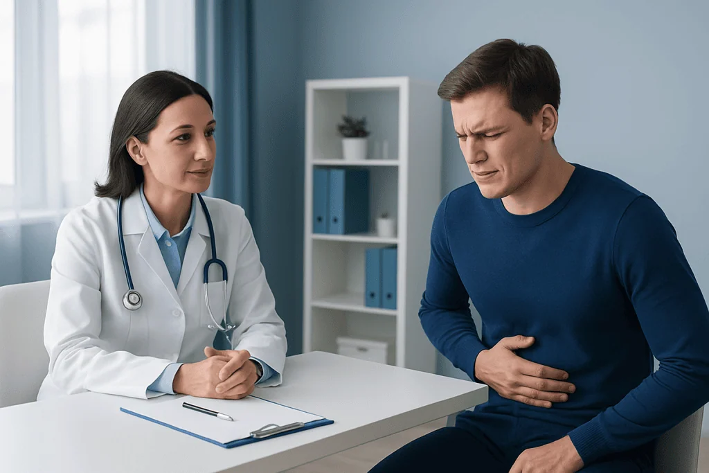 Doctor consulting with a patient experiencing stomach pain in a medical office.