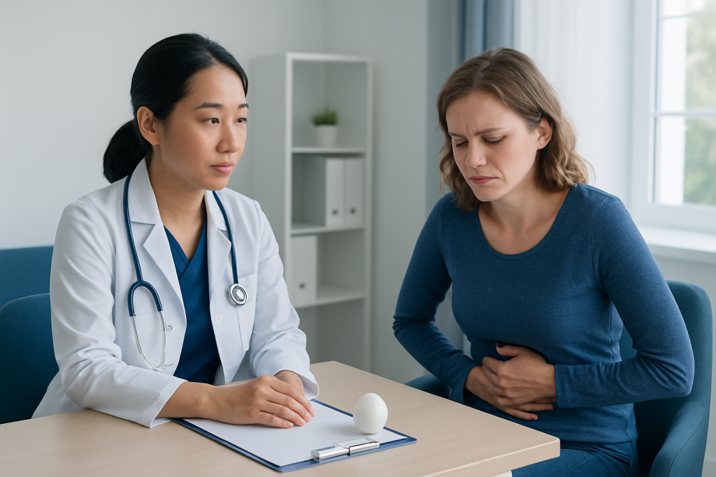 Doctor explaining egg allergy symptoms to patient in consultation room.