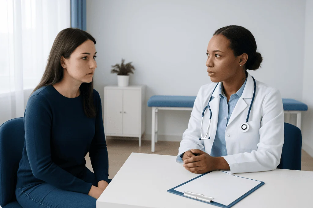 Doctor consulting with a patient in a medical office setting.