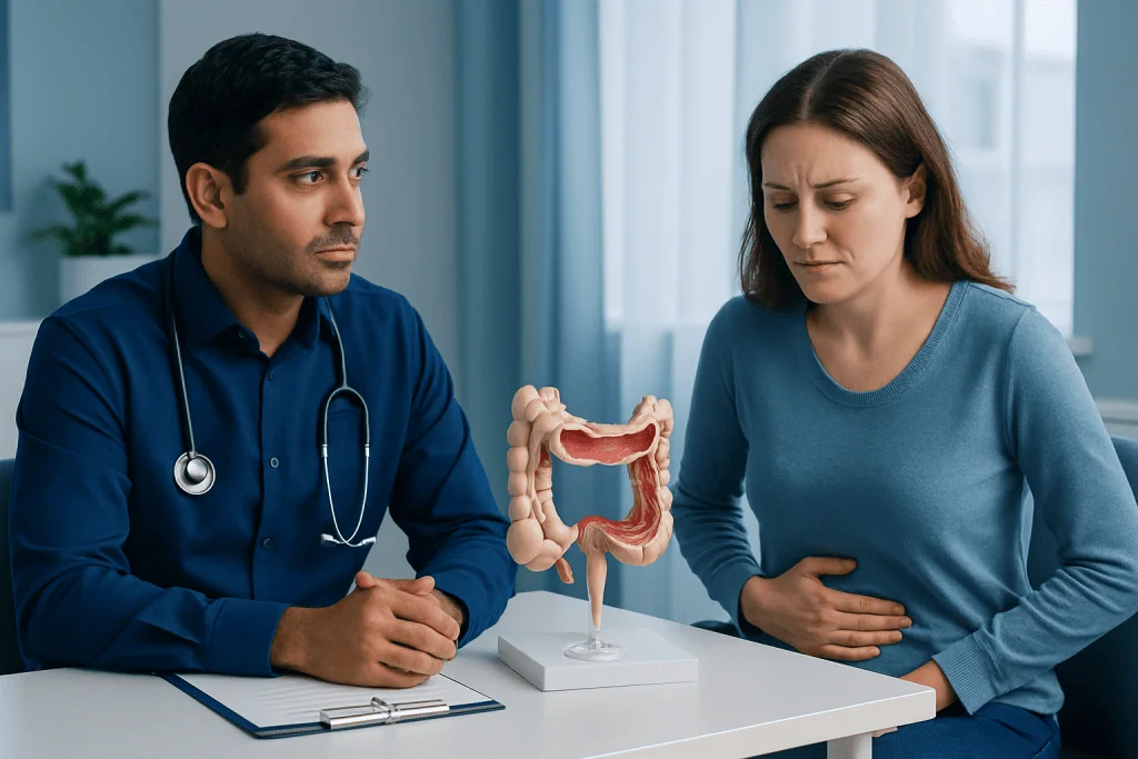 Doctor explaining intestinal health to patient with model of colon.