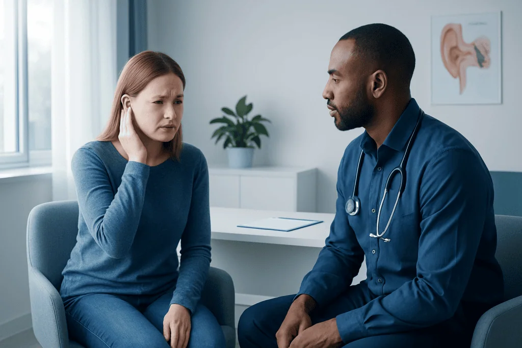 Doctor consulting with a woman about ear pain in a medical office.